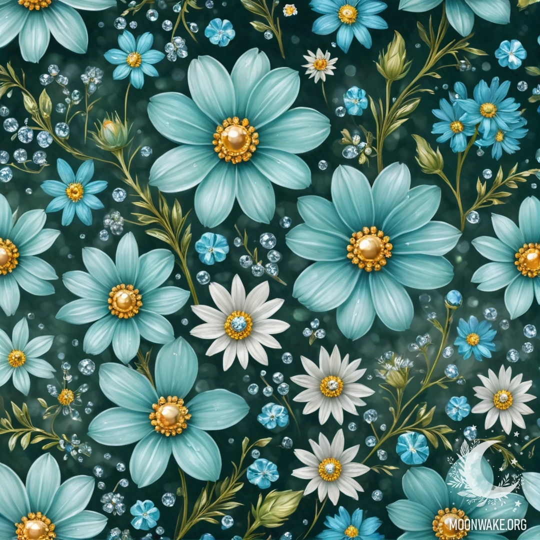 Картина аквамариновых полевых цветов, украшенных стразами.