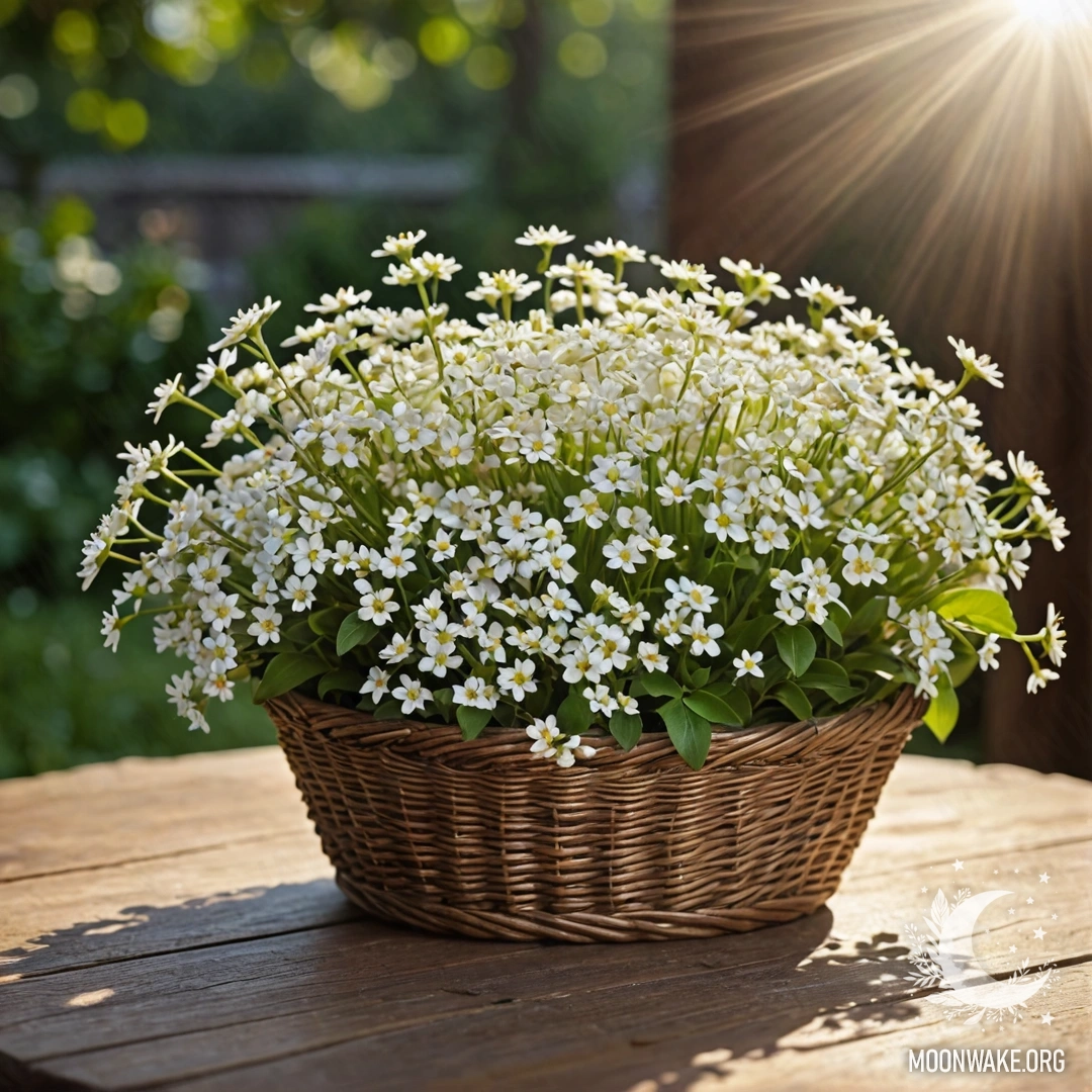 Корзина, наполненная нежными белыми цветами, освещённая солнцем.