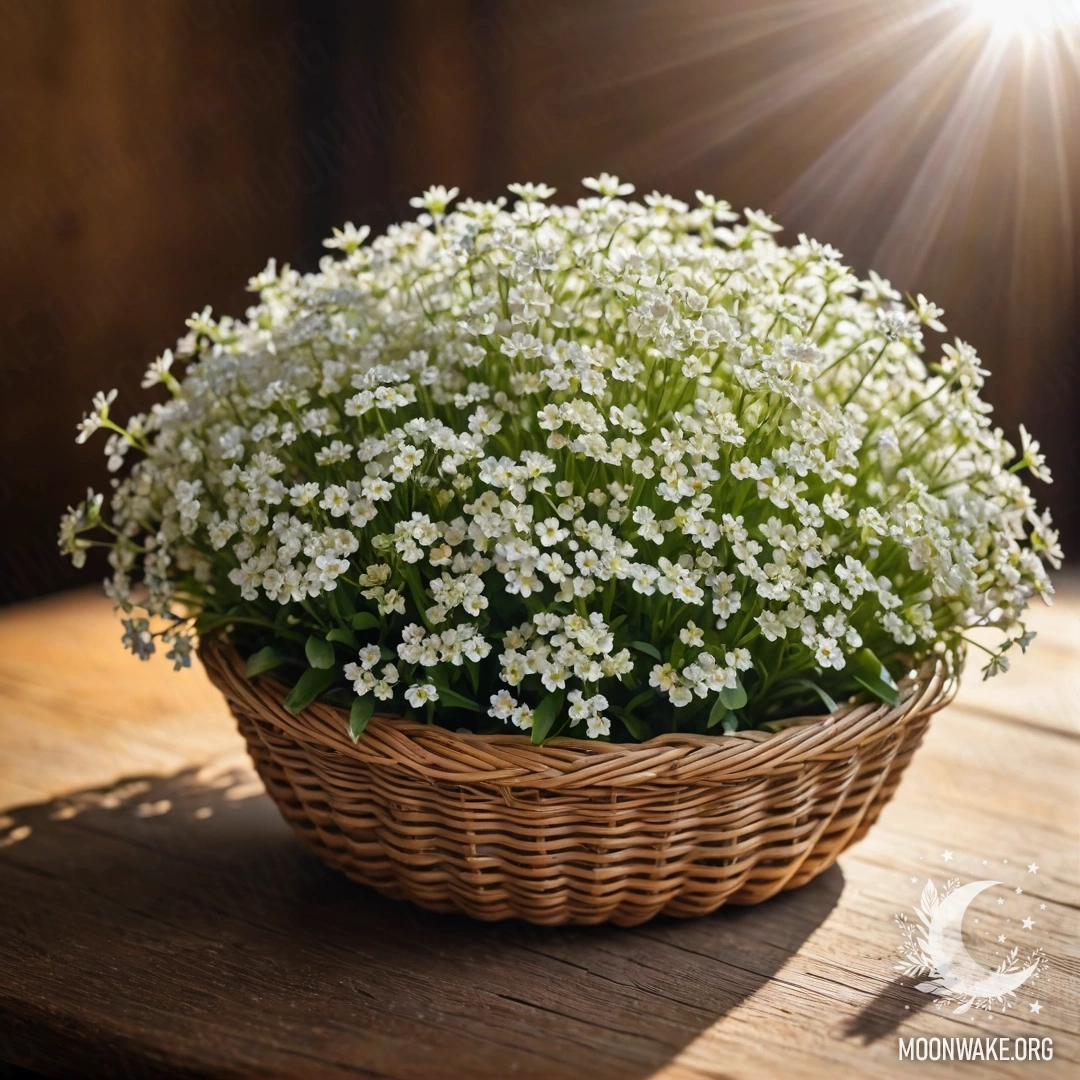 Корзина с маленькими белыми цветами на деревянном столе, освещенная солнечными лучами.