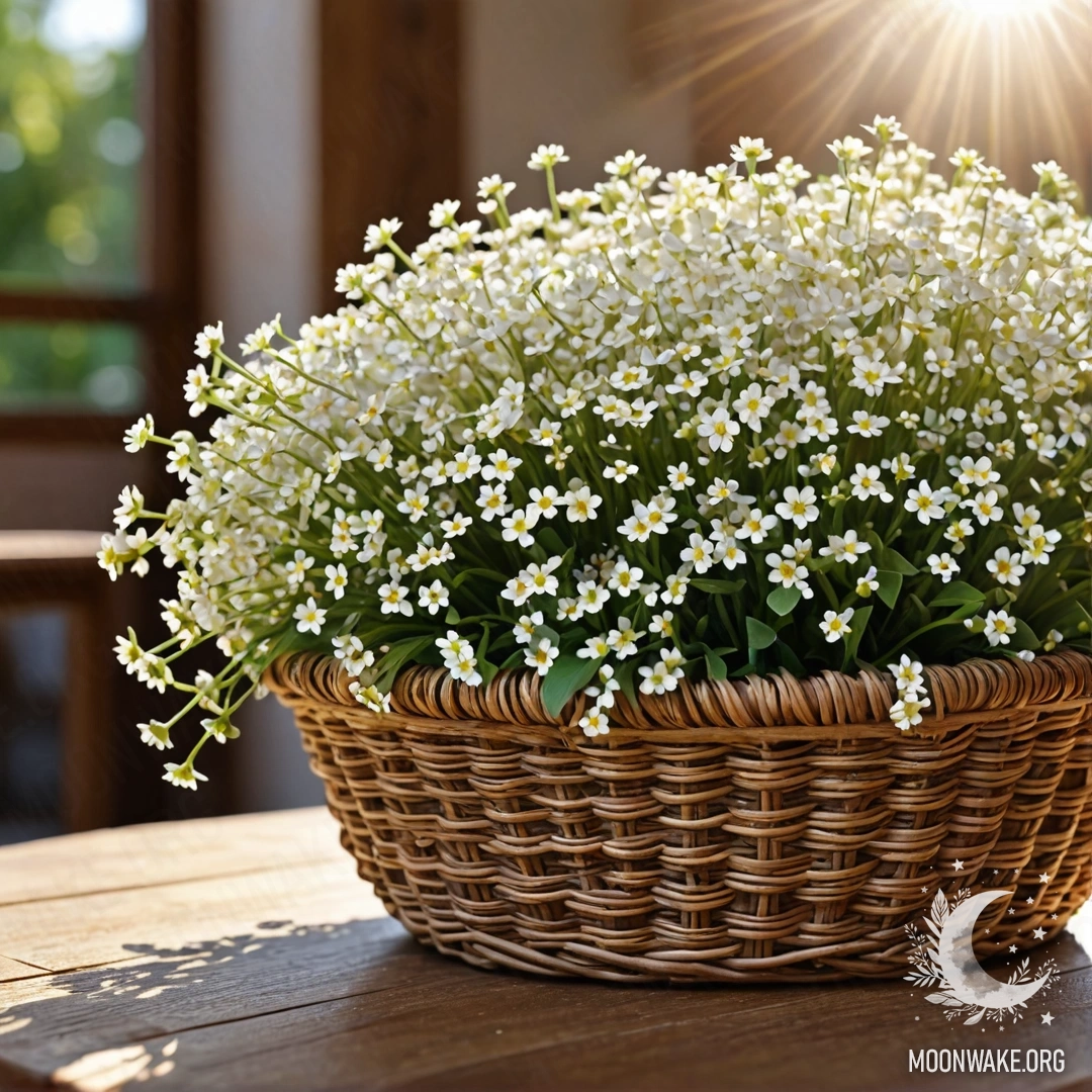 Фотореалистичное изображение корзины с маленькими белыми цветами, освещённой мягким солнечным светом на деревянном столе.