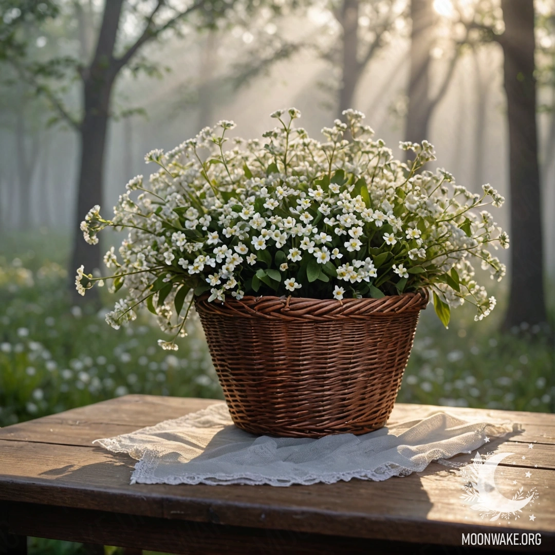 Корзина с мелкими белыми цветами на деревянном столе, окруженная густым туманом и освещенная лучами солнца.