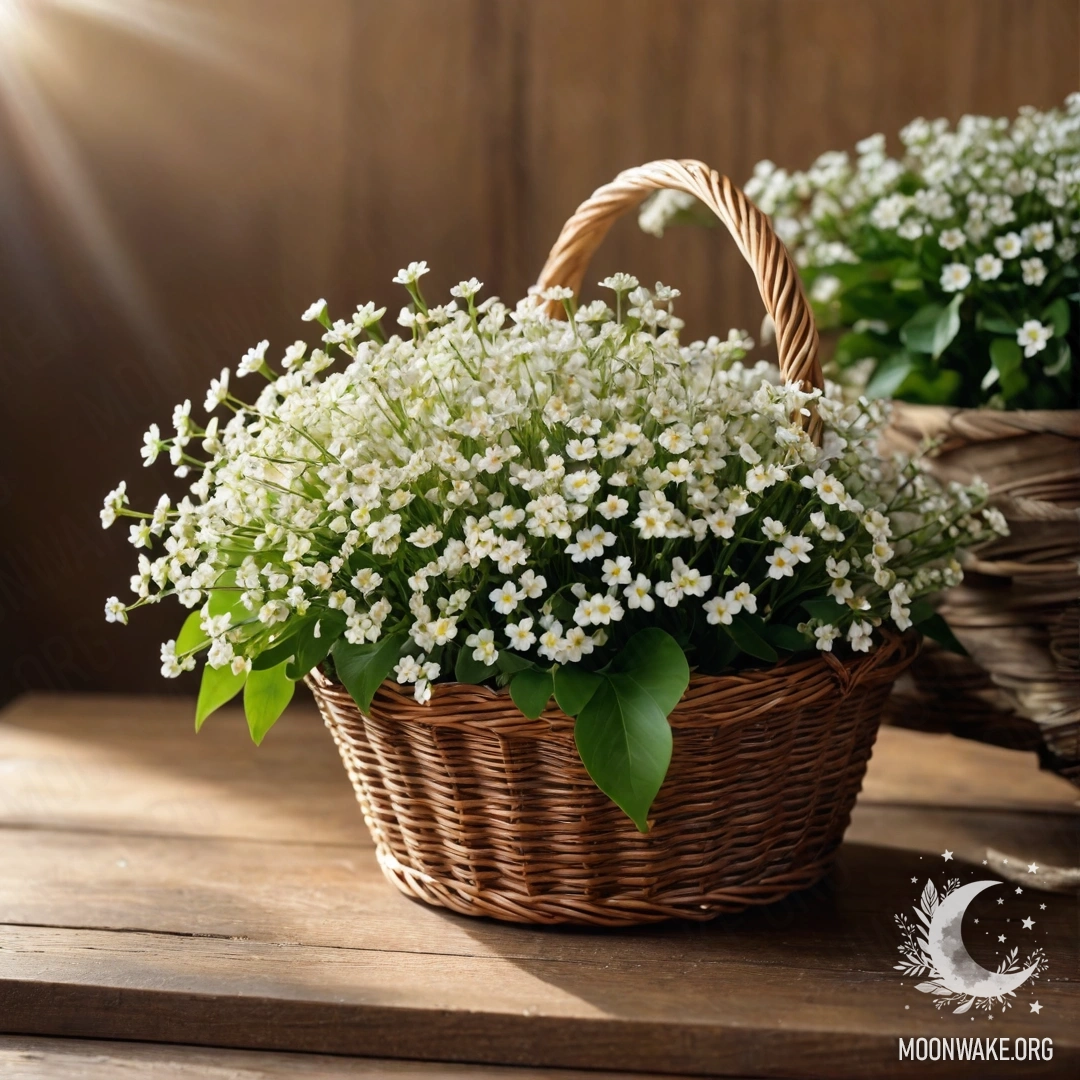 Небольшая плетеная корзина с нежными белыми цветами на деревянном столе, освещенная солнечными лучами.
