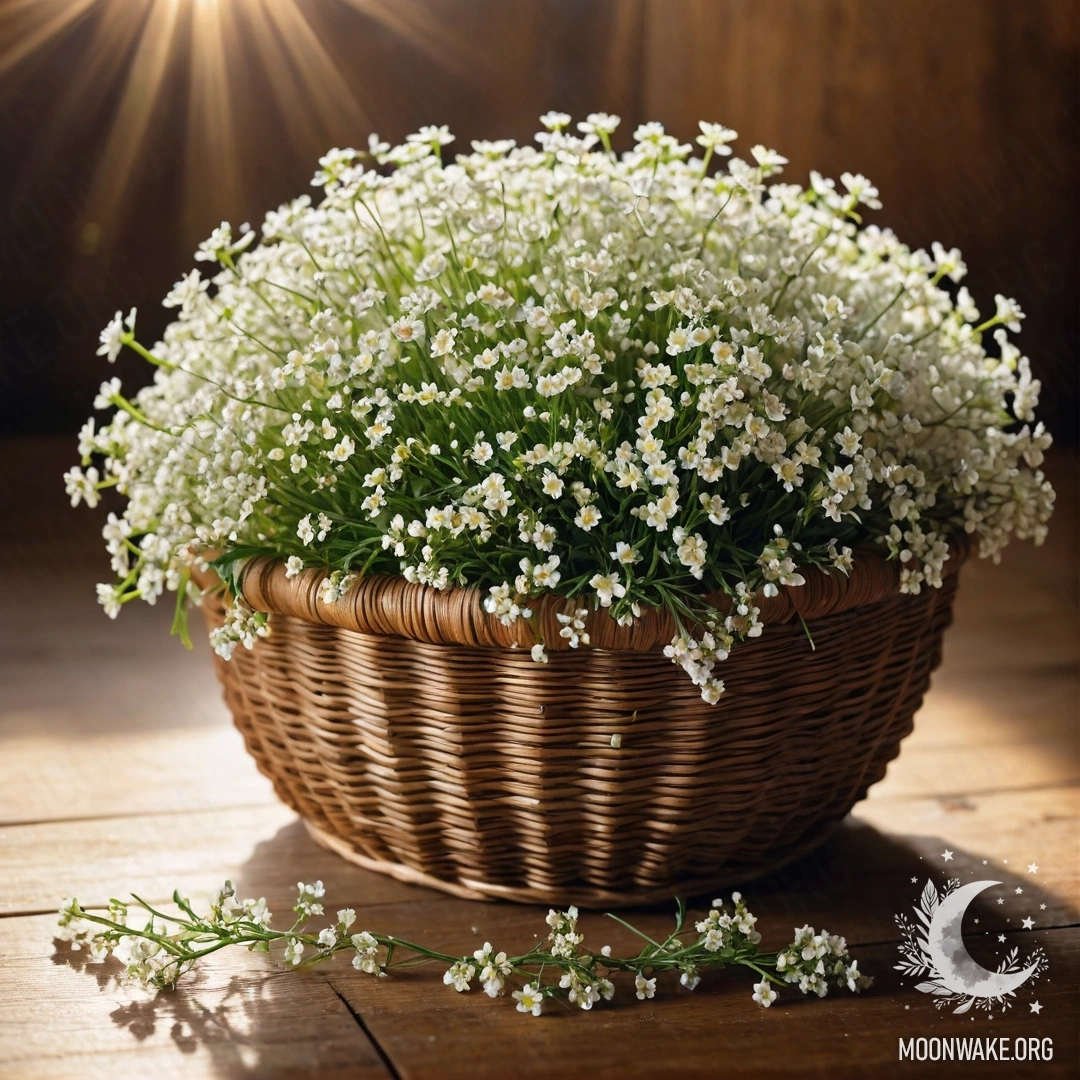 Корзина, наполненная маленькими белыми цветами, стоит на деревянном столе, освещенная солнечными лучами.