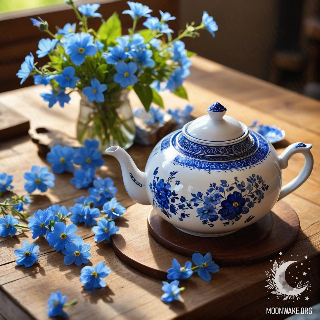 Корзина, наполненная мелкими белыми цветами, стоит на деревянном столе, освещённая тёплыми лучами солнца.