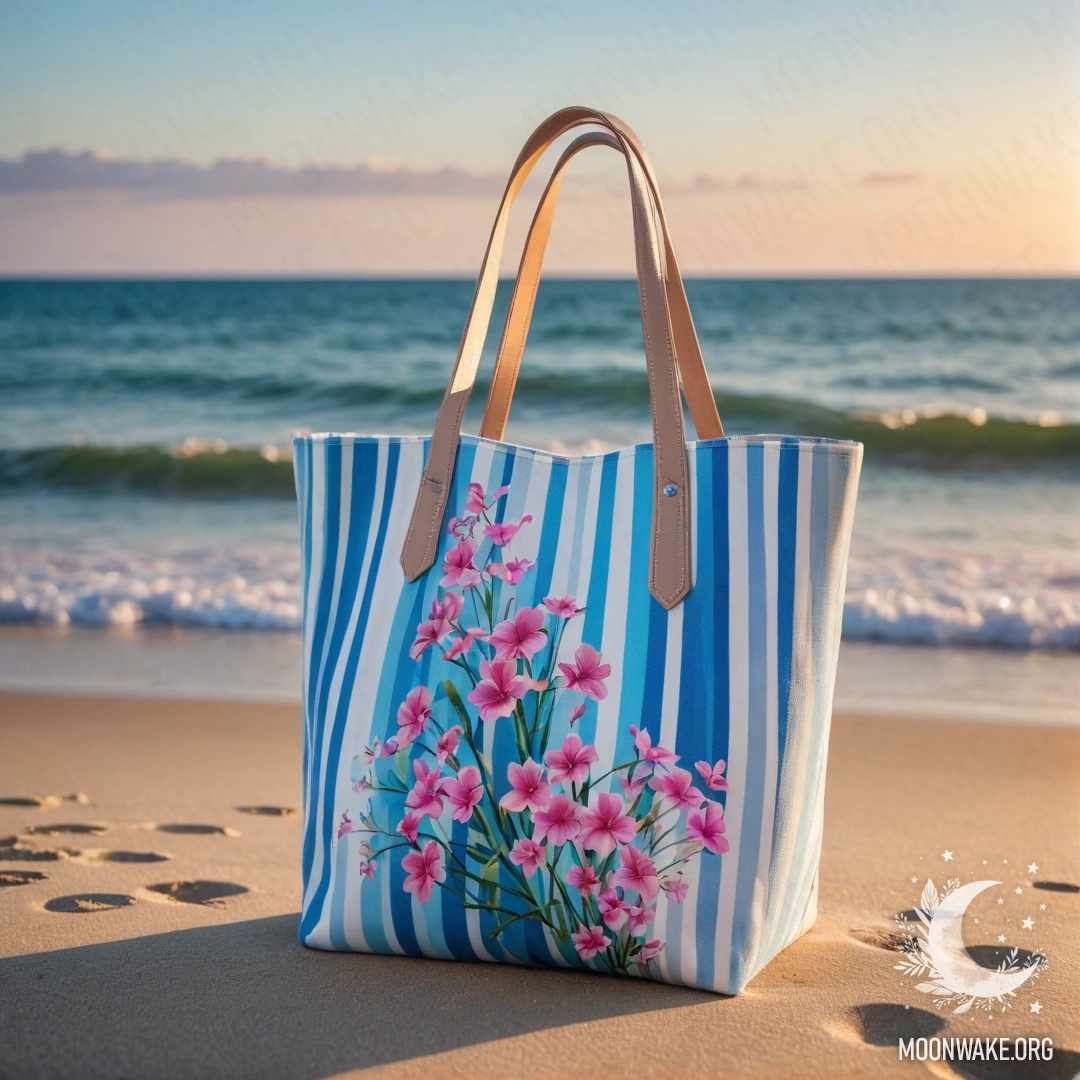 Белая и синяя полосатая сумка, наполненная розовыми цветами на песчаном пляже на закате.
