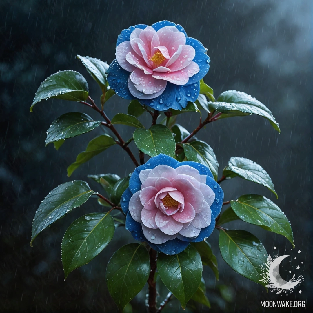 Голубой букет камелий, окутанный туманом и дождем ночью.