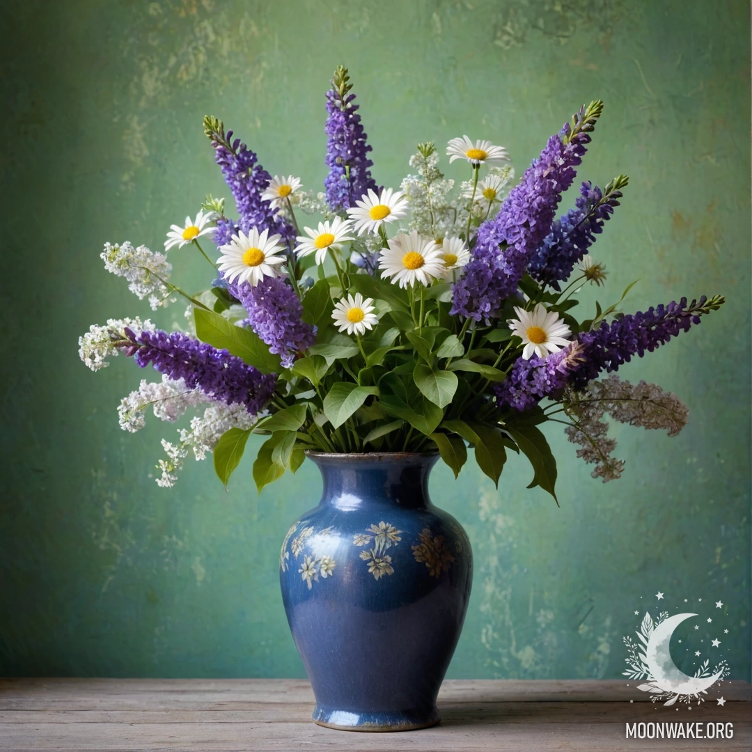 Старый голубой металлический вазон с ромашками и сиренью на фоне зеленоватой стены, освещенной гирляндой.