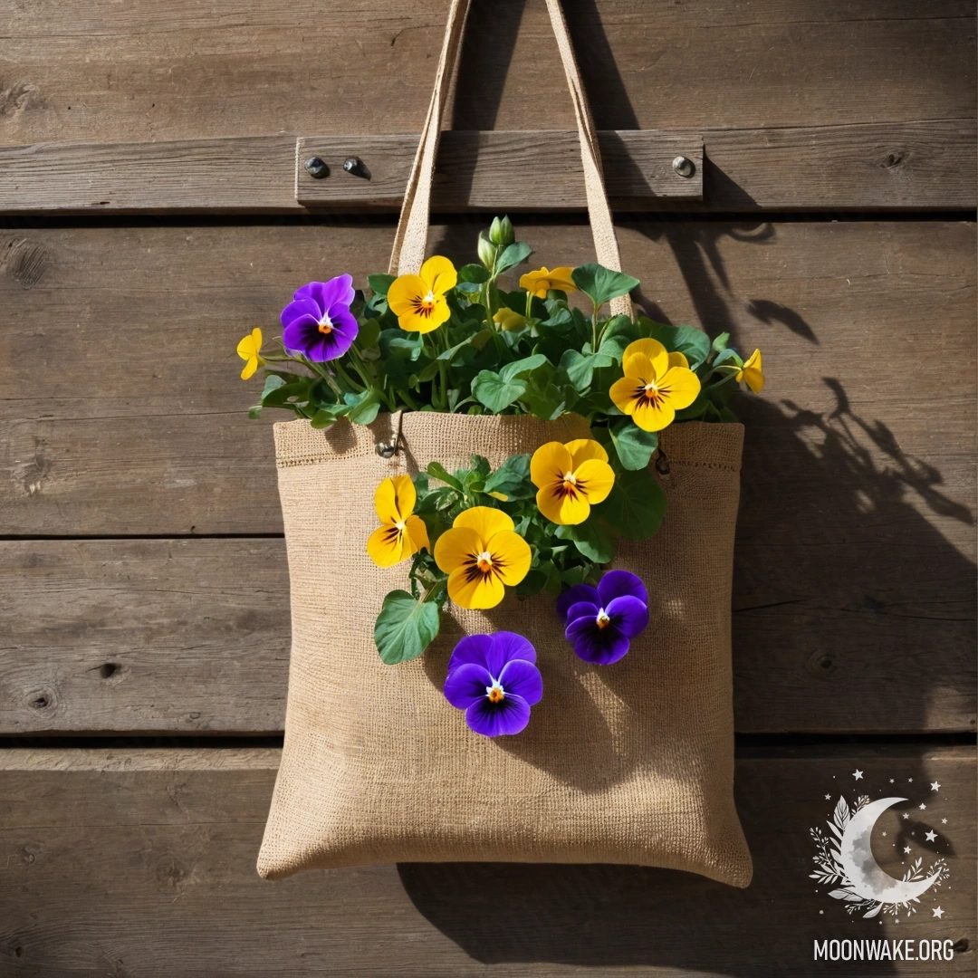 Мешочек из мешковины, наполненный анютиными глазками, висит на потрепанной деревянной стене.