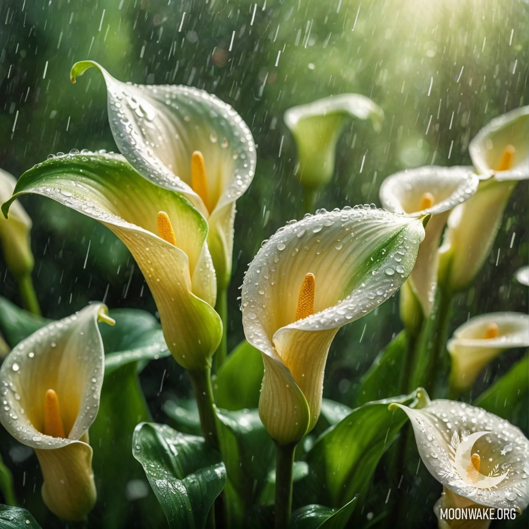 Крупный план нежных зеленых лилий, смоченных дождём, освещённых солнечными лучами и украшенных блестящими пайетками.