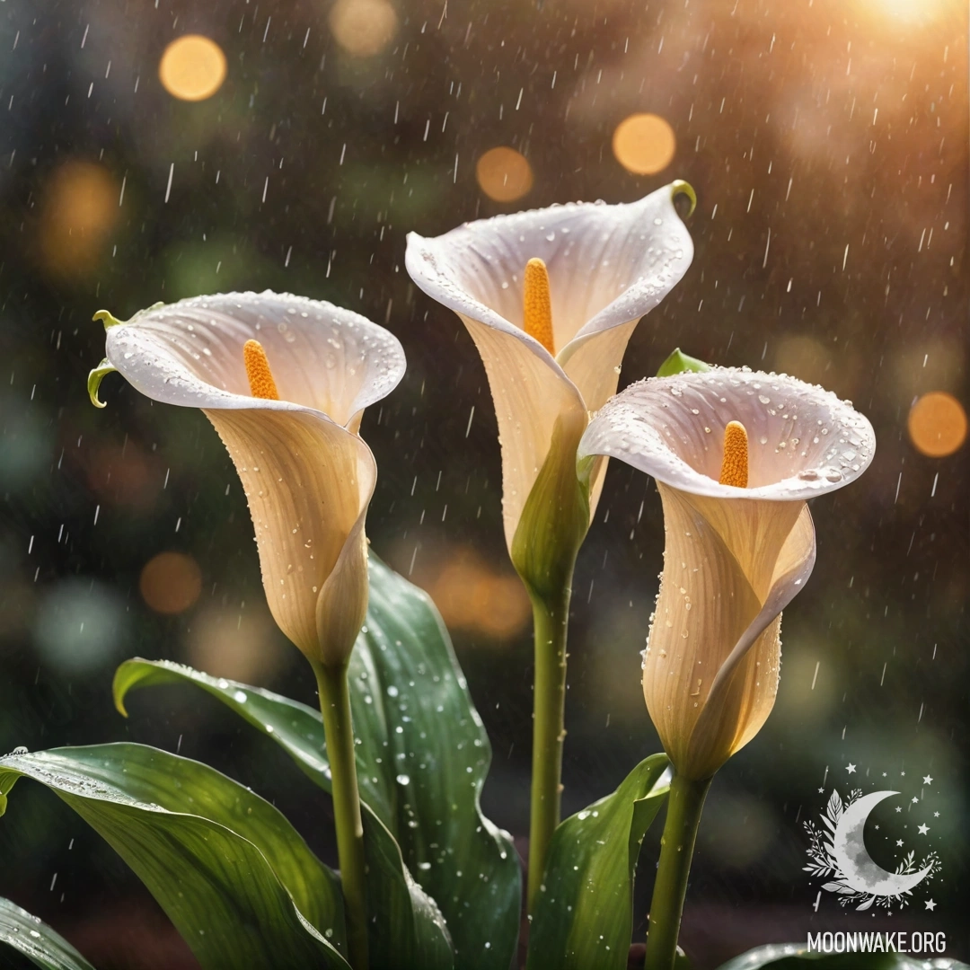 Акварельная картина с лилиями под дождём на закате, в кофейных тонах с блестками.