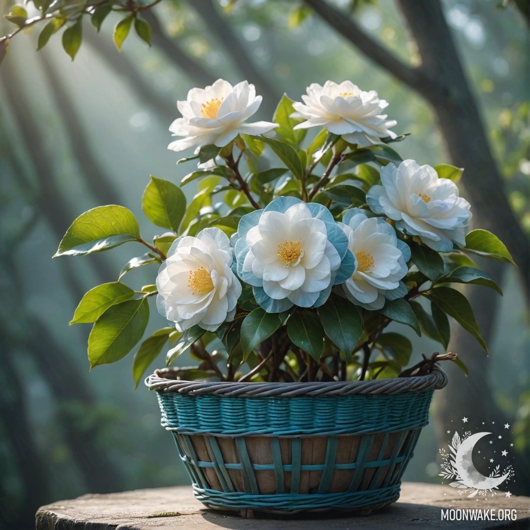 Прекрасный цветок камелии в туманной атмосфере, купающийся в солнечных лучах, размещённый в корзине зелёно-голубого цвета.