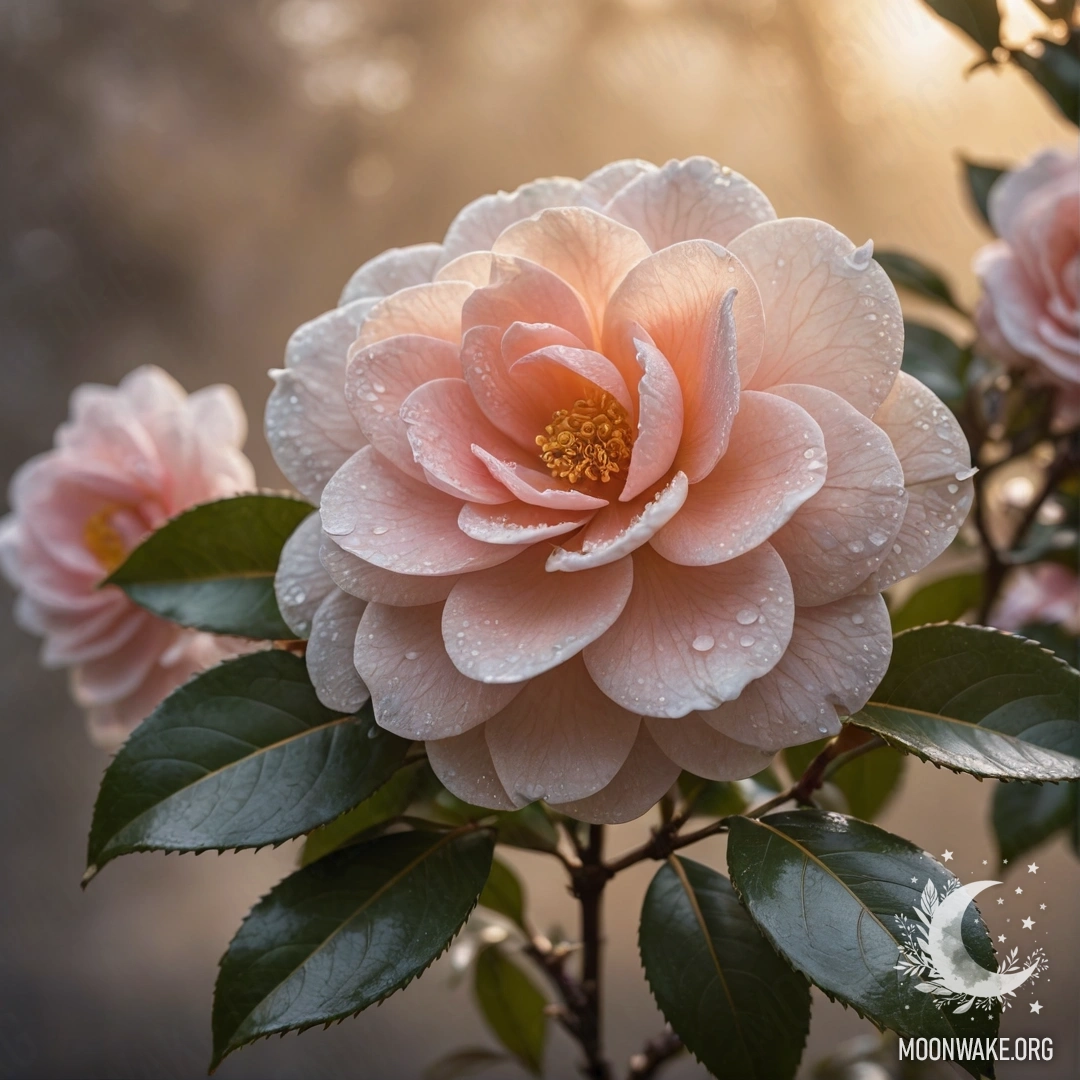 Красивая цветок камелии, окруженный туманом на закате, с кофейными блестками.