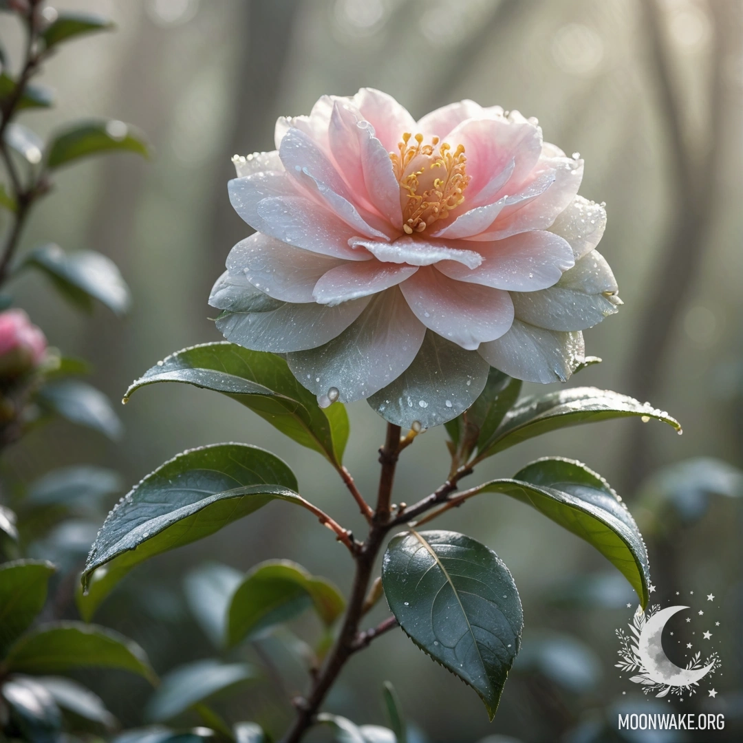 Прекрасный цветок камелии, окруженный туманом и солнечными лучами.