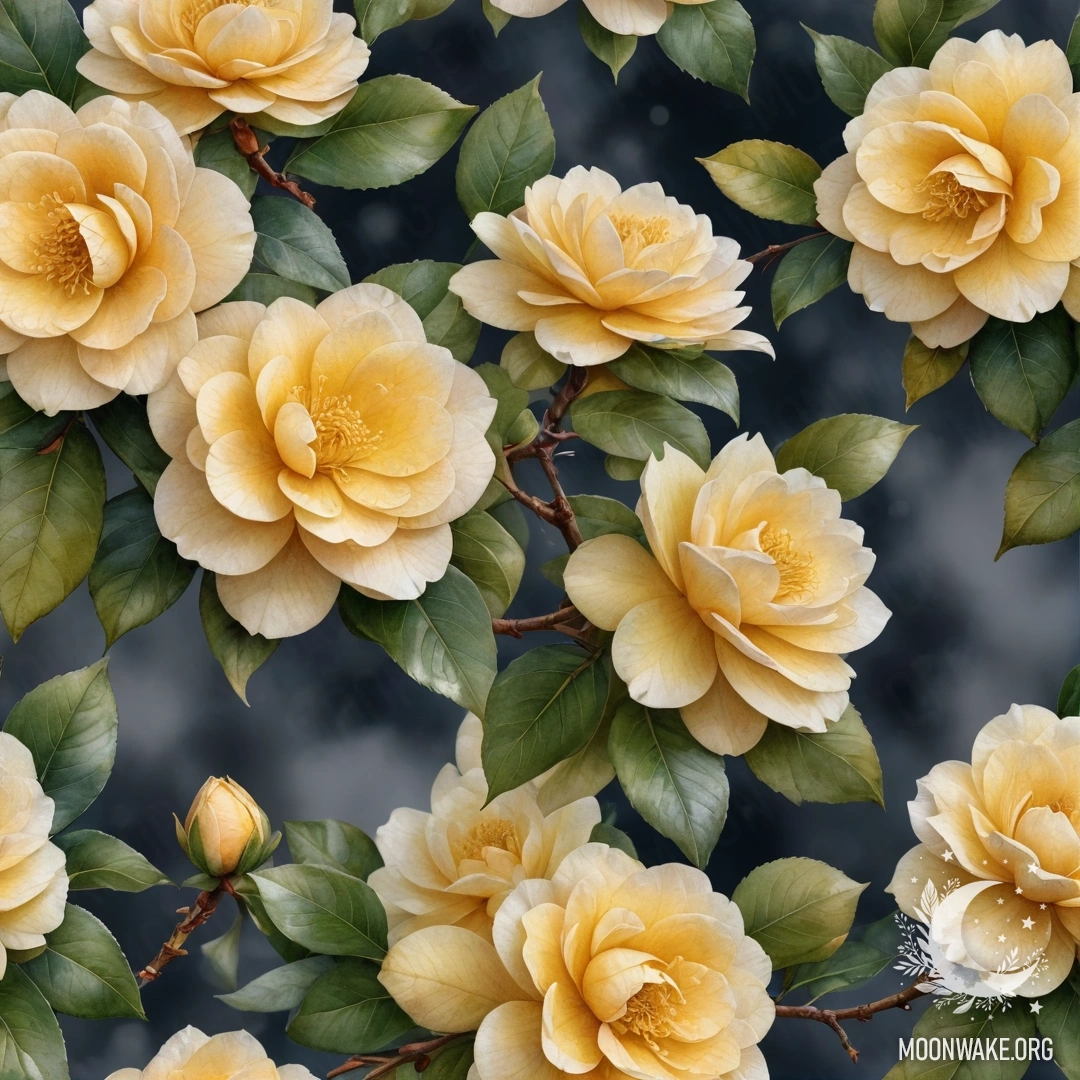 Красивая желтая камелия, появляющаяся из тумана ночью.