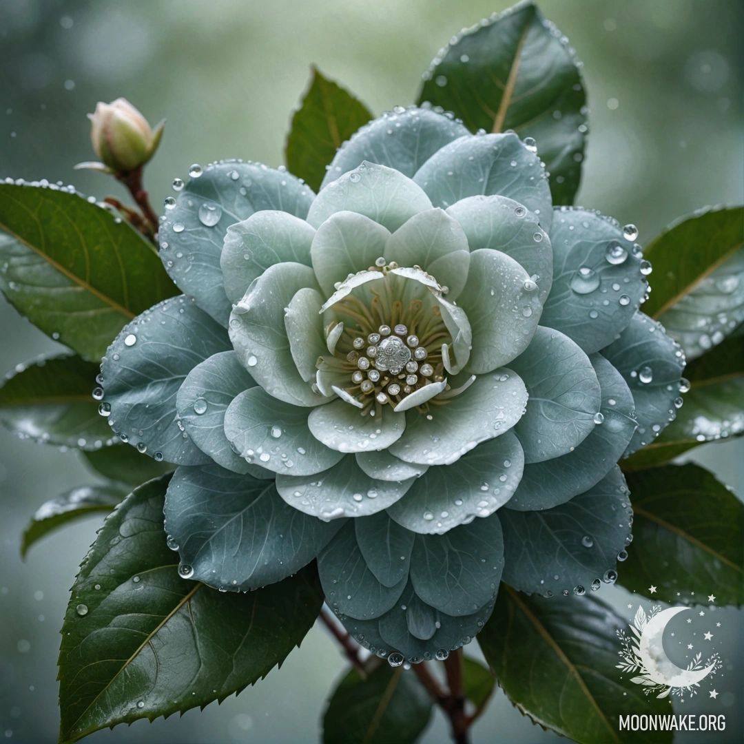 Красивая камелия, окутанная туманом, со сверкающими стразами.