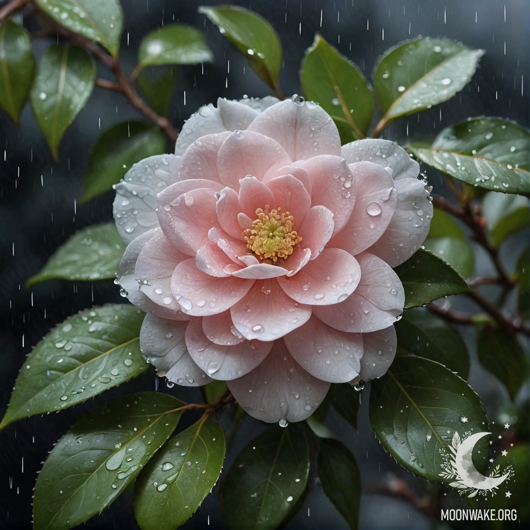 Красивая камелия с блестками, сверкающими под дождем ночью.