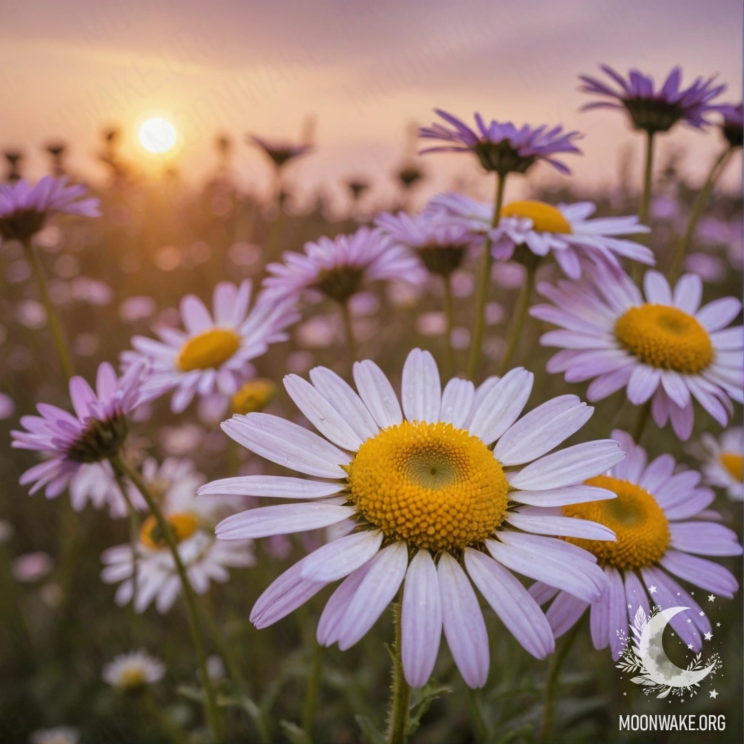 Букет красивых фиолетовых ромашек на фоне заката, напоминающий винтажную открытку.