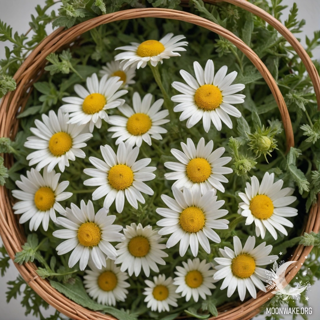 Корзина, наполненная красивыми цветами ромашки шалфейного цвета.