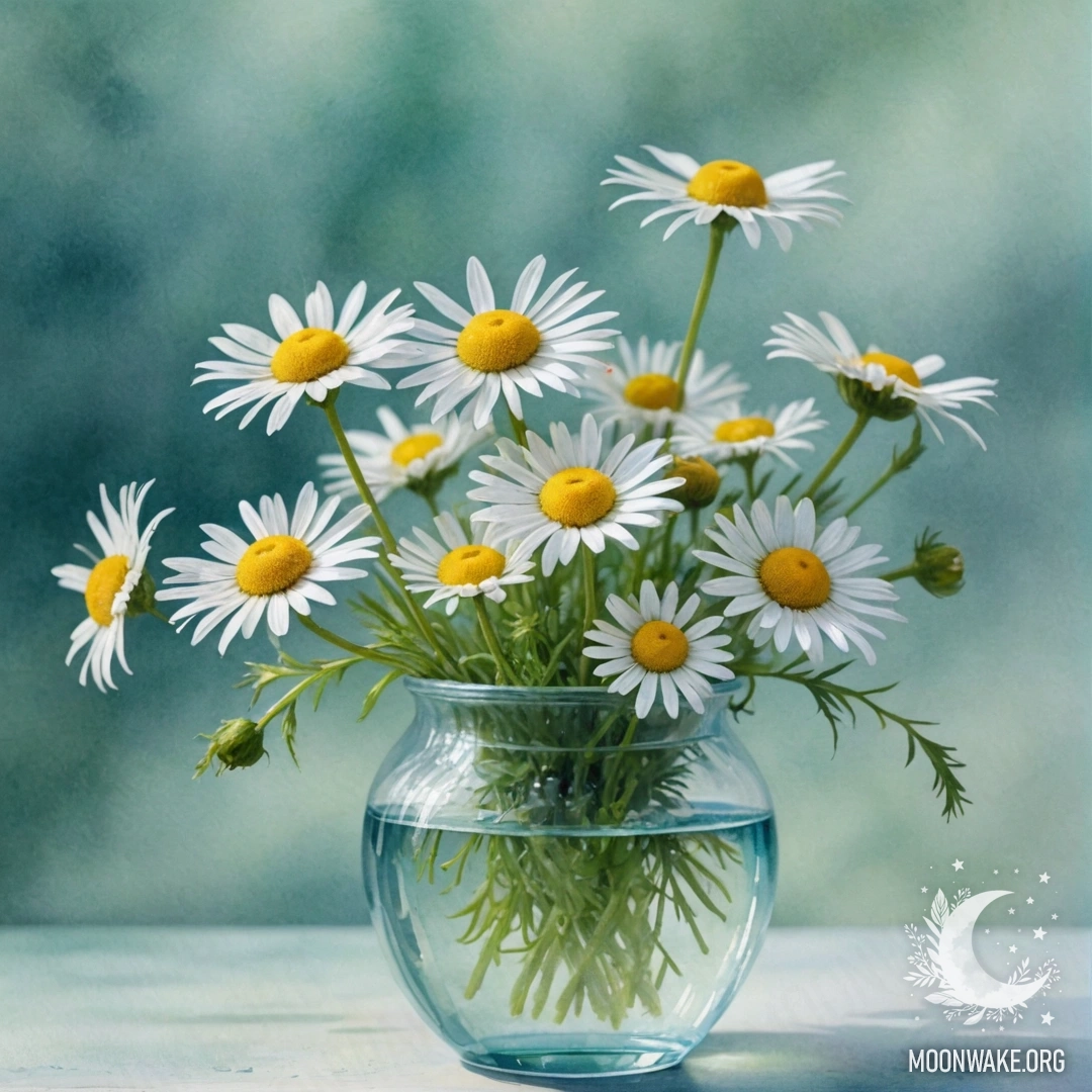 Нежная ваза с красивыми ромашками, окруженными легкой дымкой.