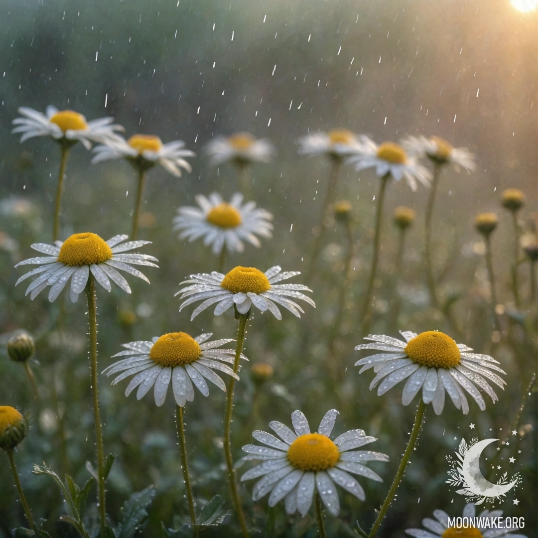 Нежный цветок календулы, украшенный стразами, в окружении тумана и дождя на закате.