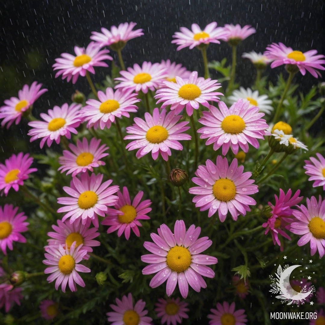 Букет ярких фуксиевых ромашек, пропитанных дождем ночью.