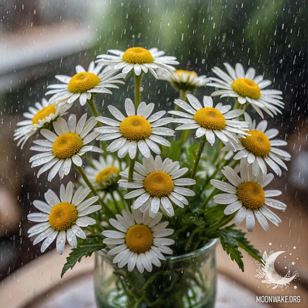 Ваза с красивыми ромашками нежного цвета мяты, на лепестках которых капли дождя.