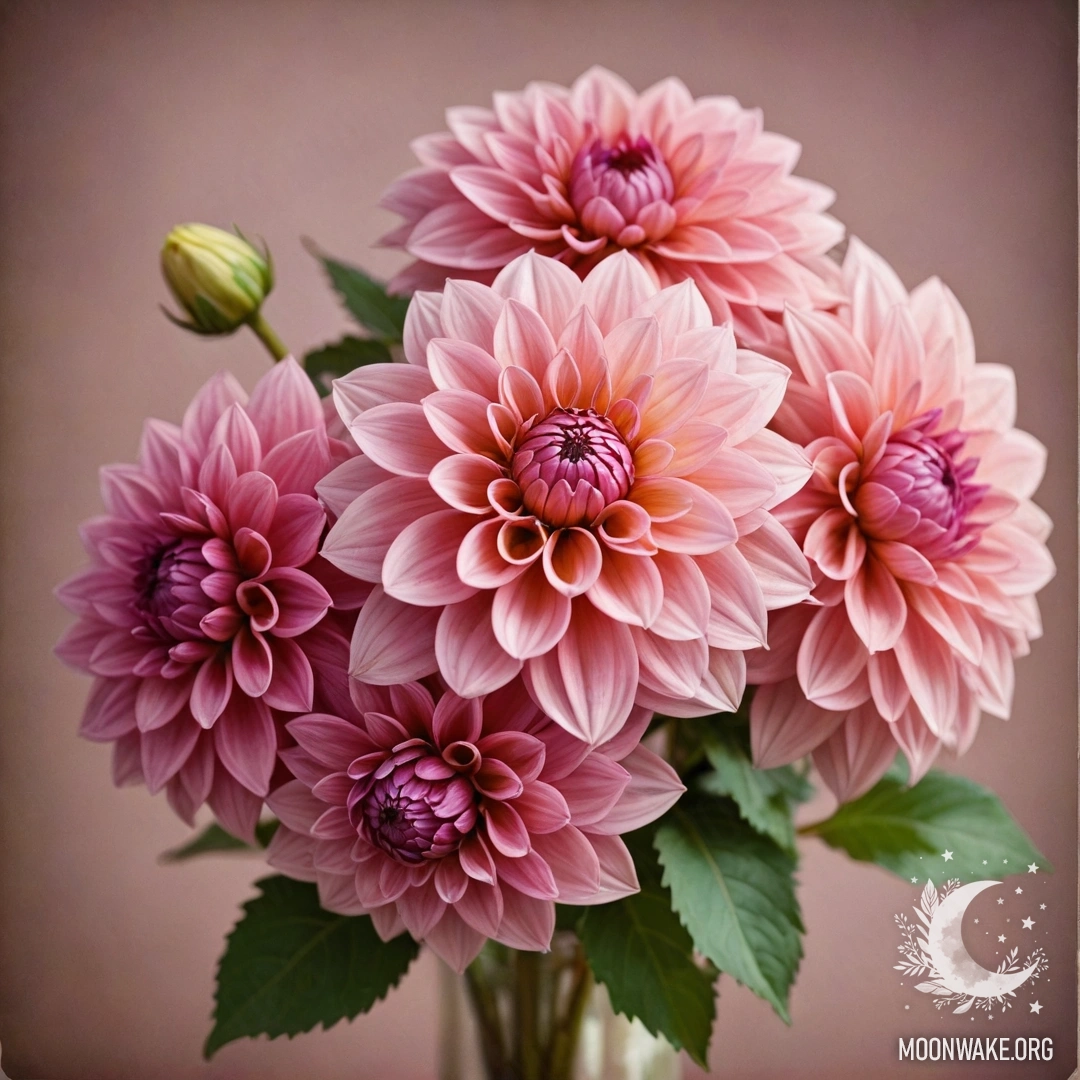 Красивый букет розовых георгинов на старинной открытке.