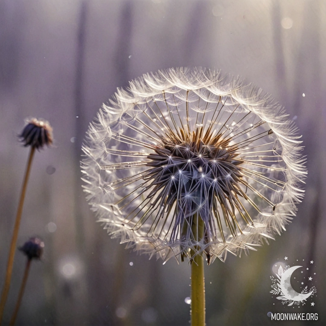 Нежный лавандовый одуванчик, окруженный туманом с солнечными лучами и стразами.