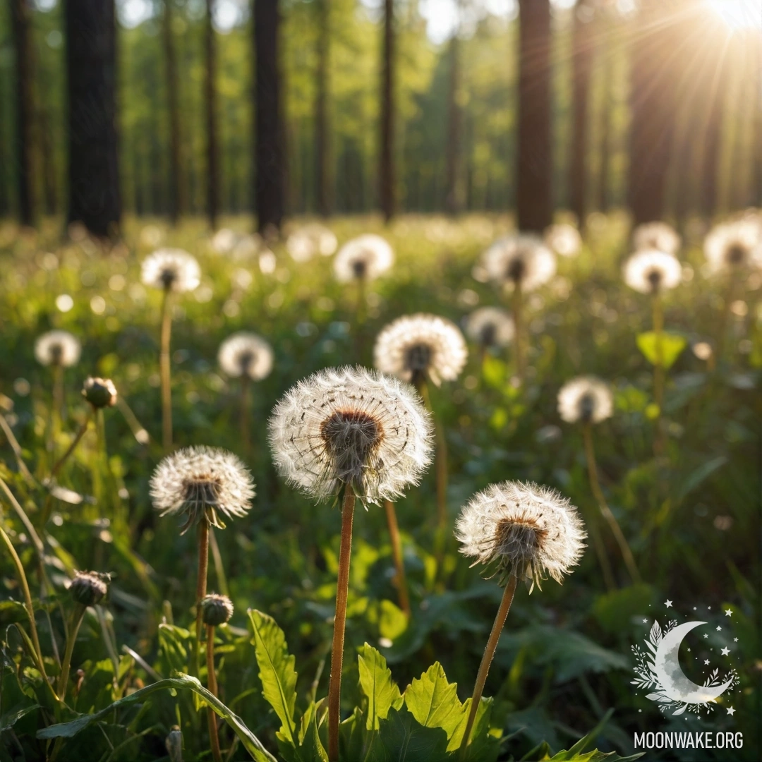 Крупный план одуванчиков на фоне размытого леса и солнечных лучей.