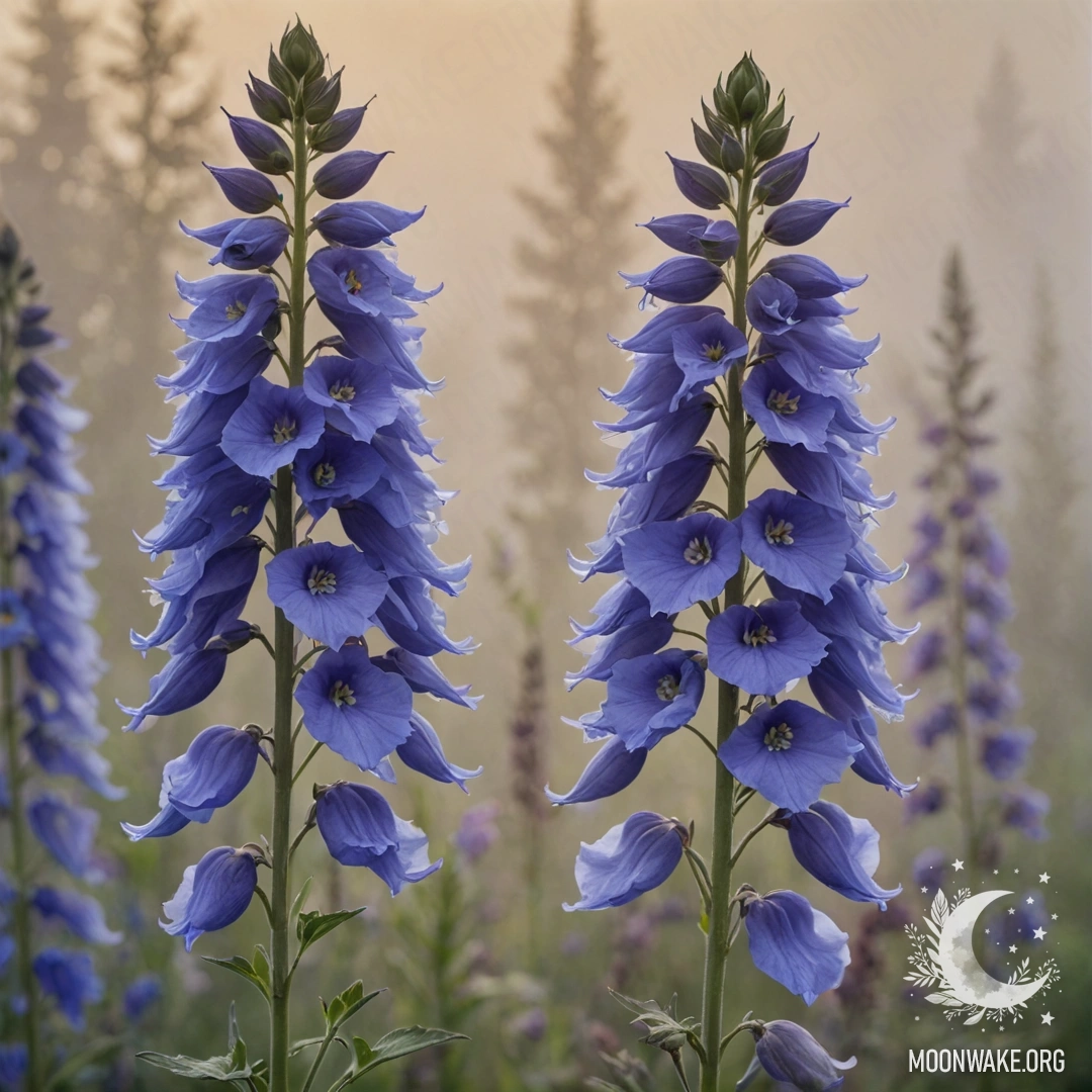 Красивый делфиниум, окружённый туманом на закате, с оттенками шалфея.