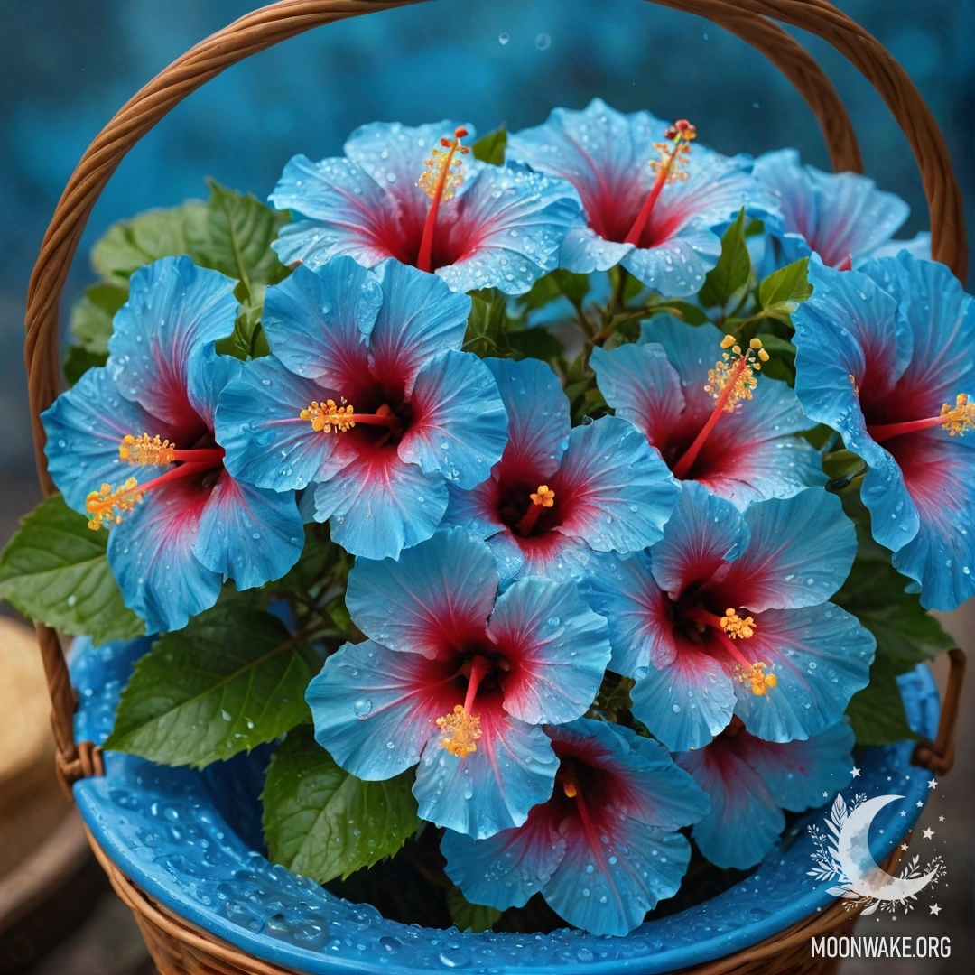 Красивый цветок гибискуса с каплями росы лежит в голубой корзине.