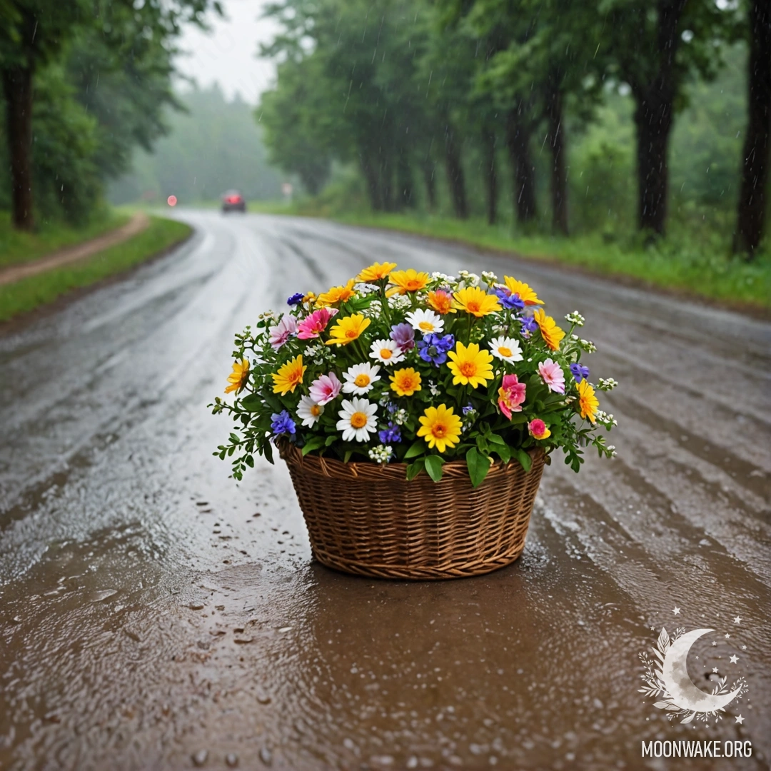 Деревенская дорога с корзиной цветов и размытыми деревьями под дождем.