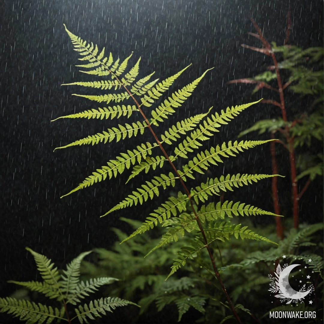 Прекрасный папоротник, окружённый мглой и дождём в ночное время, с красными узорами.