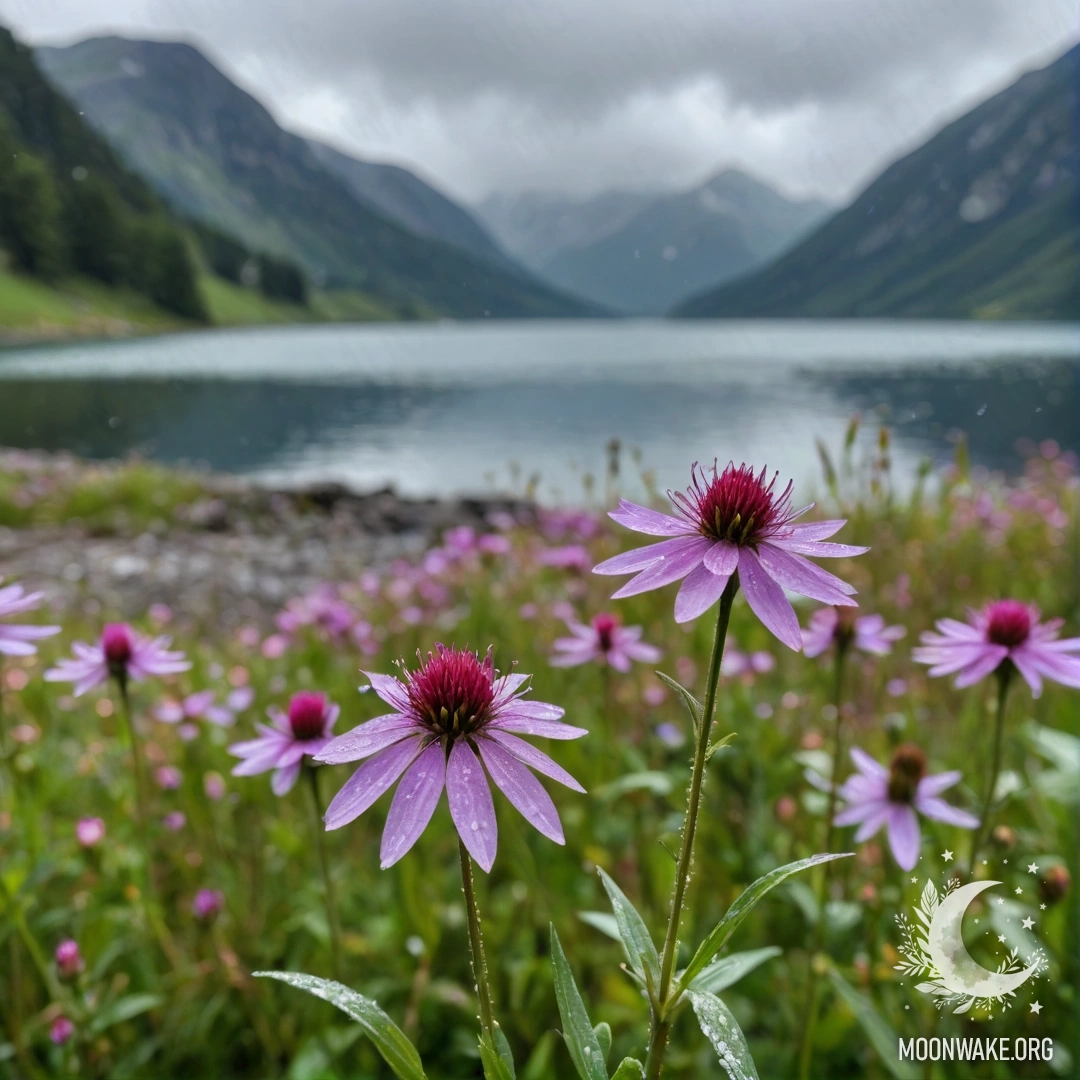 Близкий план ярких полевых цветов на фоне размытого горного озера, снятый под дождем.