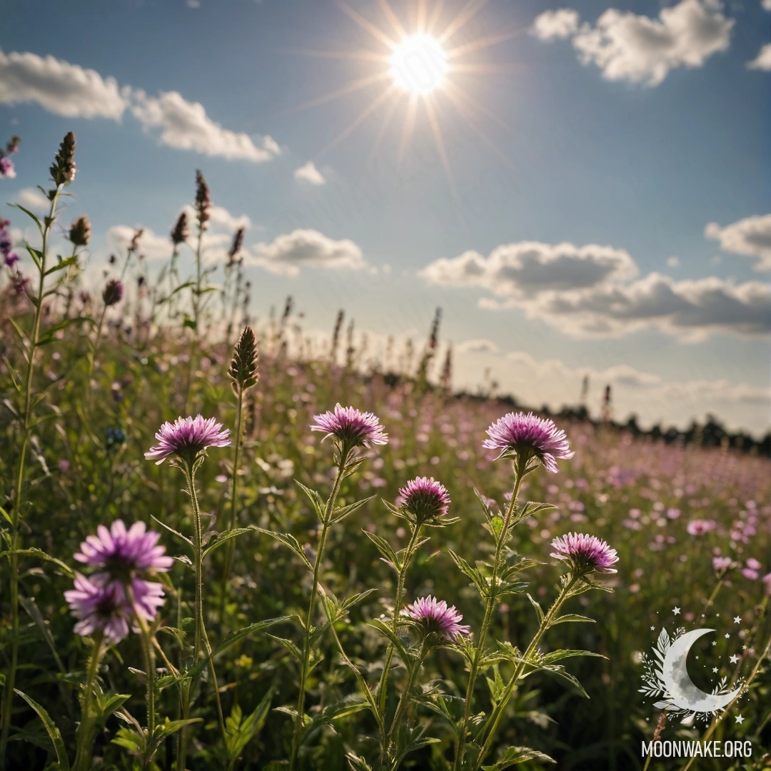 Крупный план ярких полевых цветов на фоне размытого неба с облаками и солнечными лучами.