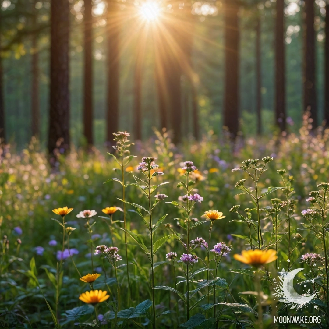 Крупный план ярких полевых цветов на фоне леса с боке и солнечными лучами, проникающими сквозь деревья на закате.