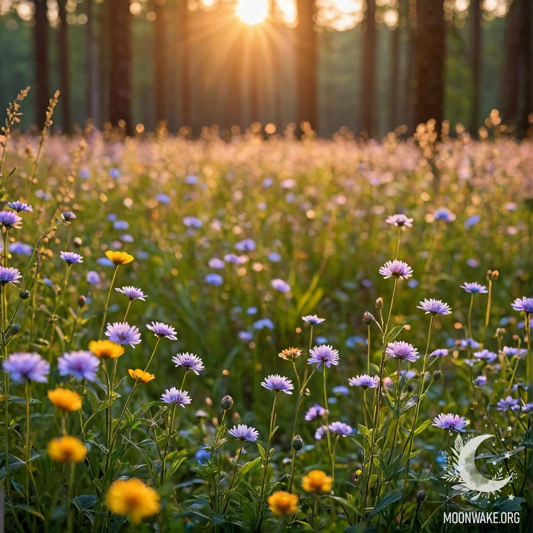 Крупный план ярких полевых цветов на фоне размытого леса во время заката, демонстрирующий тончайшие детали и теплое свечение солнечных лучей.