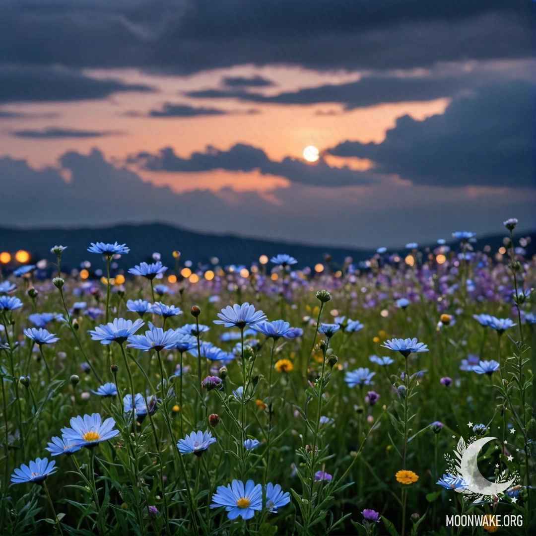 Крупный план ярких полевых цветов на фоне размытого ночного неба с облаками.