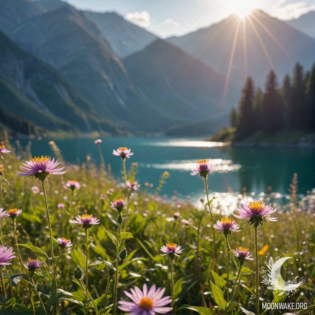 Близкий план ярких полевых цветов на фоне размытых очертаний горного озера с блеском световых бликов.