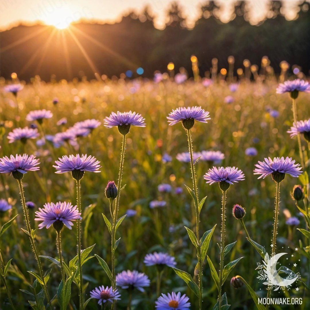 Крупный план ярких полевых цветов, освещённых закатом в боке, с эффектами засветки, создающими мечтательную атмосферу.