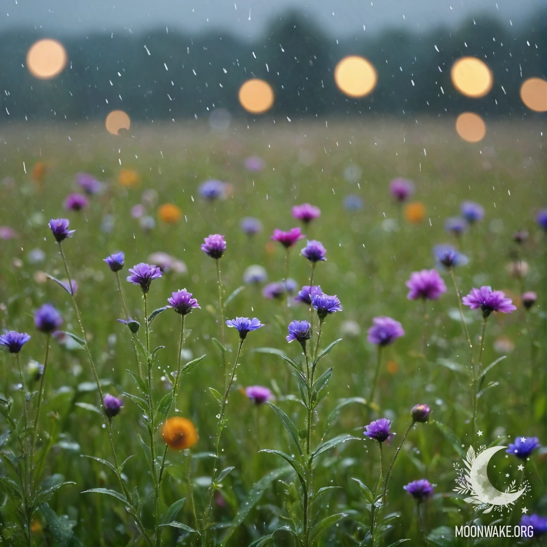 Крупный план нежных полевых цветов на фоне размытого неба, мерцающих под дождем.