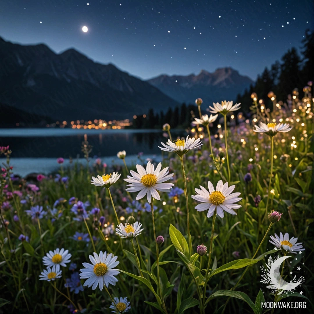 Крупный план ярких полевых цветов с расфокусированным фоном горного озера ночью.