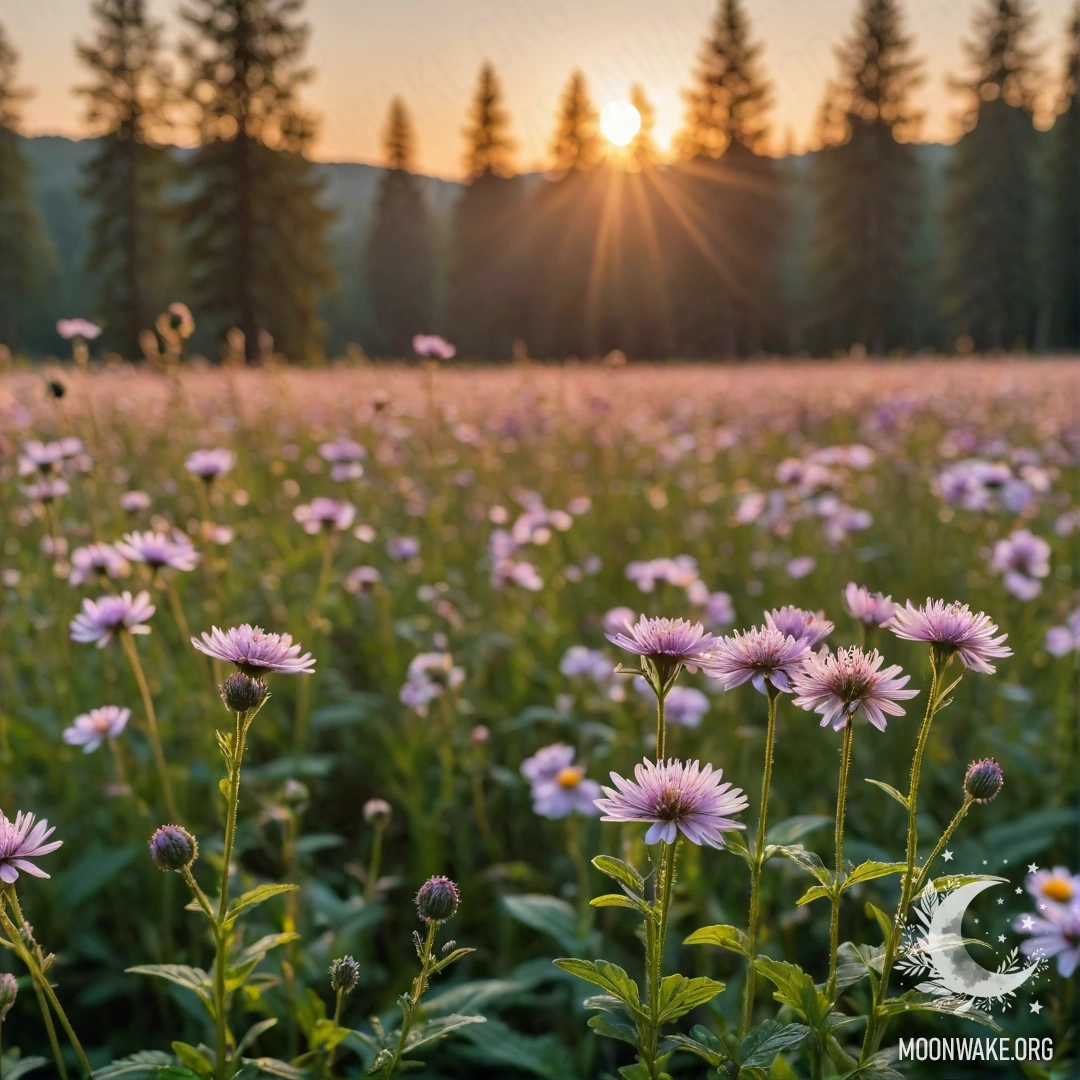 Крупный план ярких полевых цветов на фоне размытого леса на закате.
