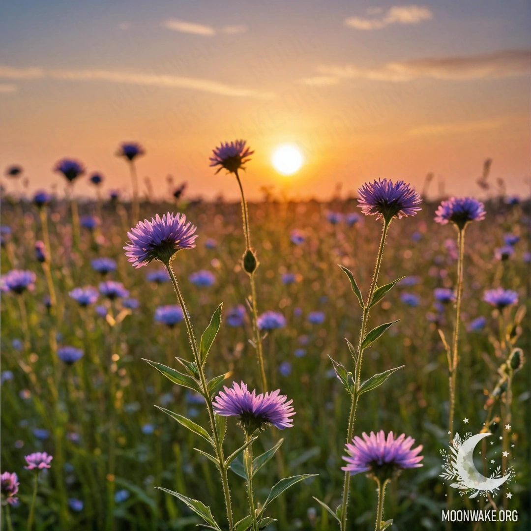 Крупным планом яркие полевые цветы на фоне заката с боке