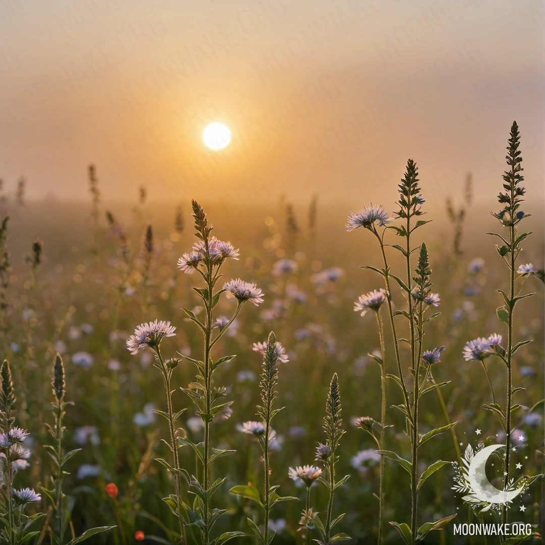 Крупный план ярких полевых цветов, окруженных мягким боке и туманом на закате, с солнечными лучами, пробивающимися через атмосферу.