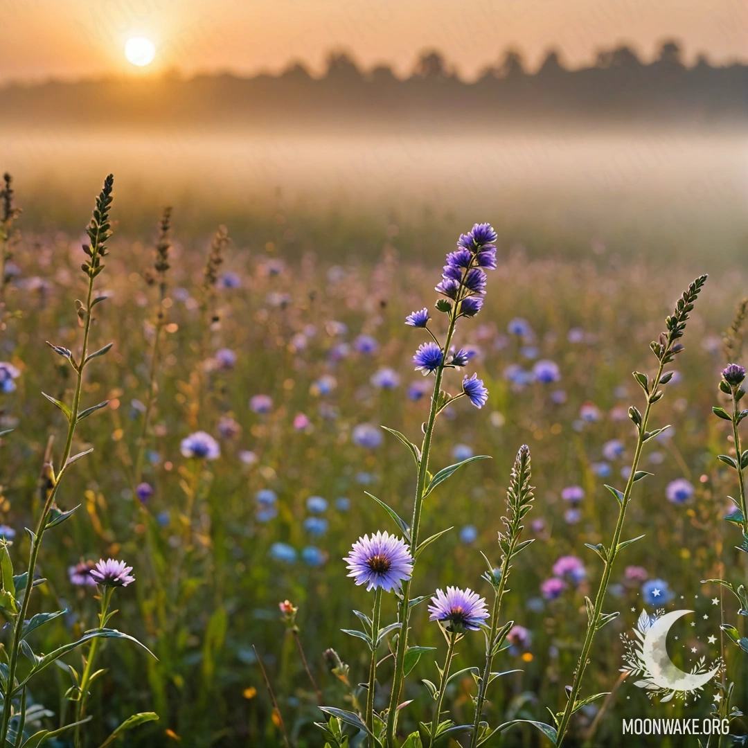 Крупный план красивых полевых цветов на фоне боке и тумана на закате.