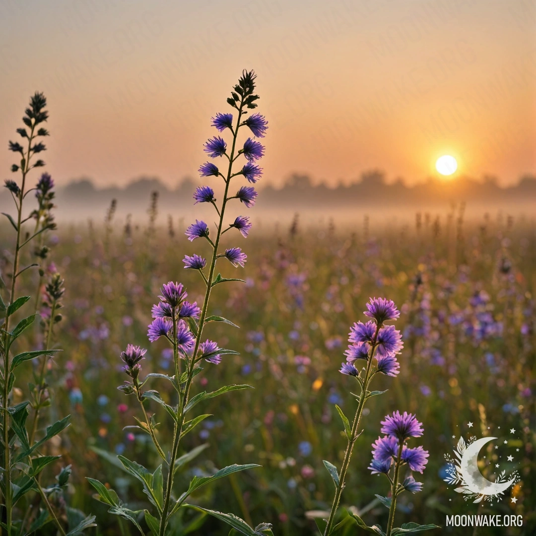 Крупный план красивых полевых цветов на фоне боке и тумана на закате.