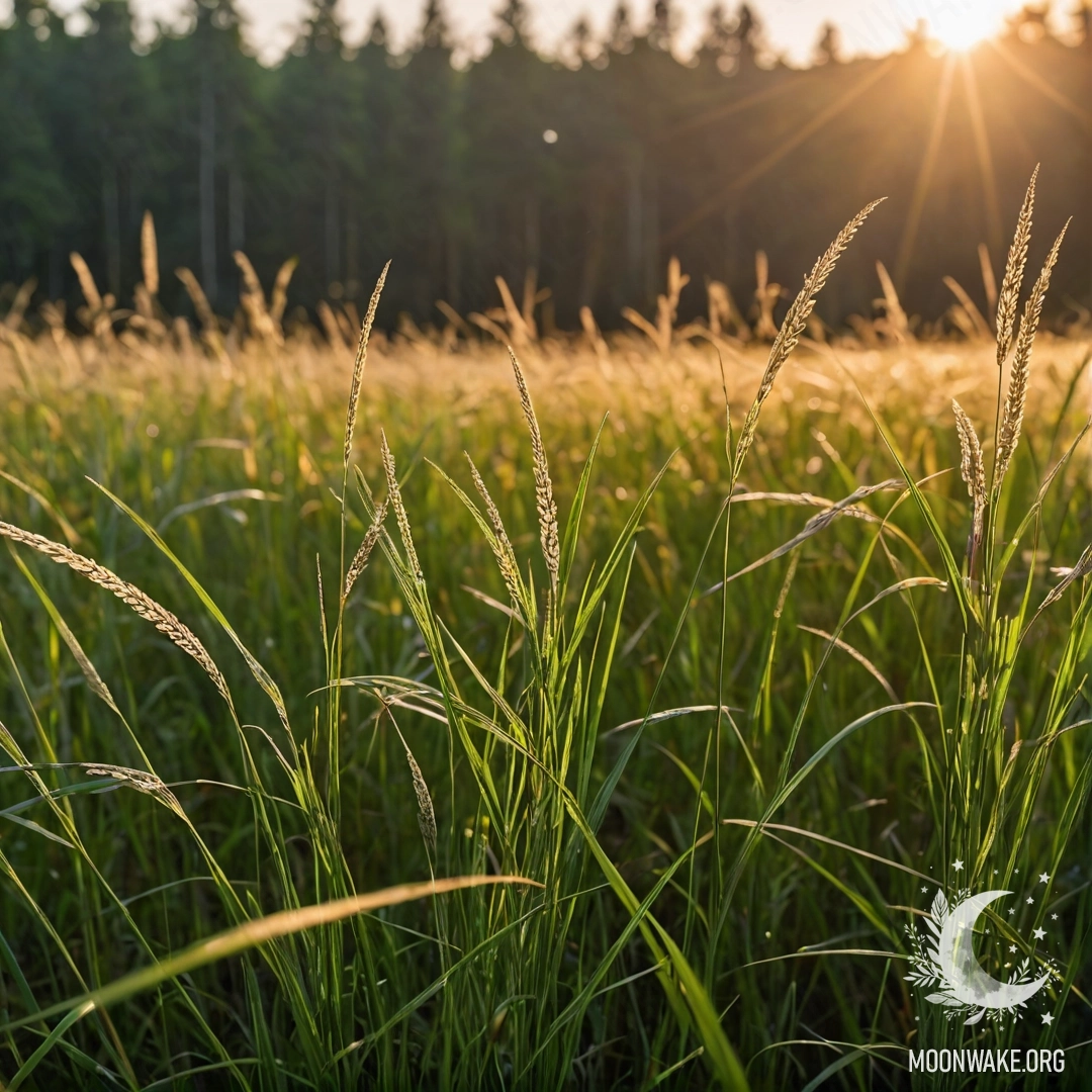 Крупным планом поле красивой травы на фоне размытого леса на закате.