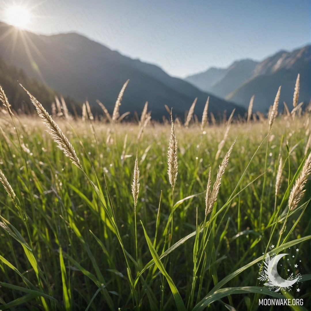 Близкий план зеленой травы на солнечном поле с размытыми горами на заднем плане.