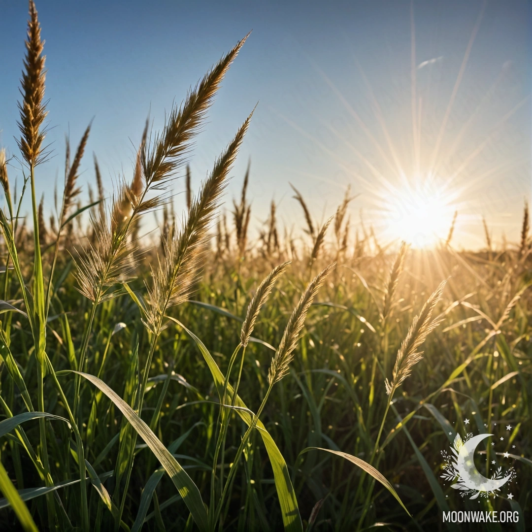 Крупный план зеленой травы на фоне размытого неба, залитого солнечными лучами.